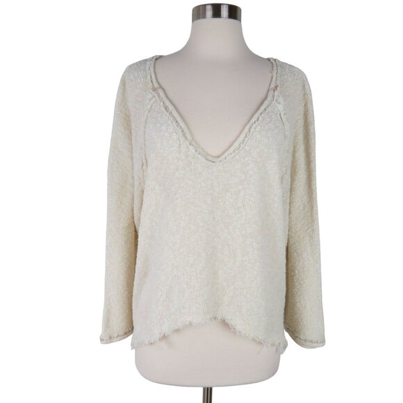 OUT FROM UNDER Women's Cream Terrycloth Long Sleeve Deep V Beach Cover Up Top M - Picture 1 of 11